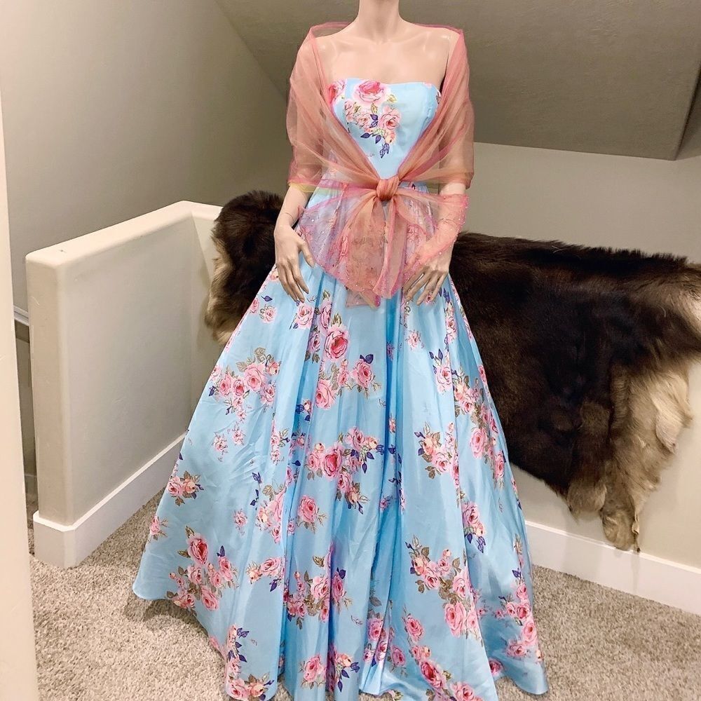 New Strapless Blue Floral Print Ball Gown With Sequined Shawl